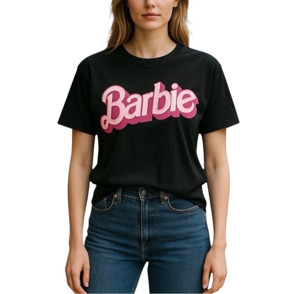 Barbie Junk Food Clothing Cropped Black Tee with Pink Logo XL Barbiecore